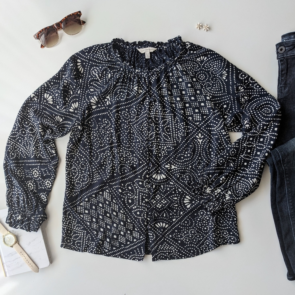 LUCKY BRAND Button Down Navy Blue Beige Diamond Square Pattern Blouse Top Xsmall